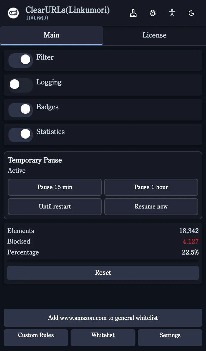 The Linkumori popup: switches for filtering, logging, badges and statistics, temporary pause buttons, cleaning counters, and a button to whitelist the current site