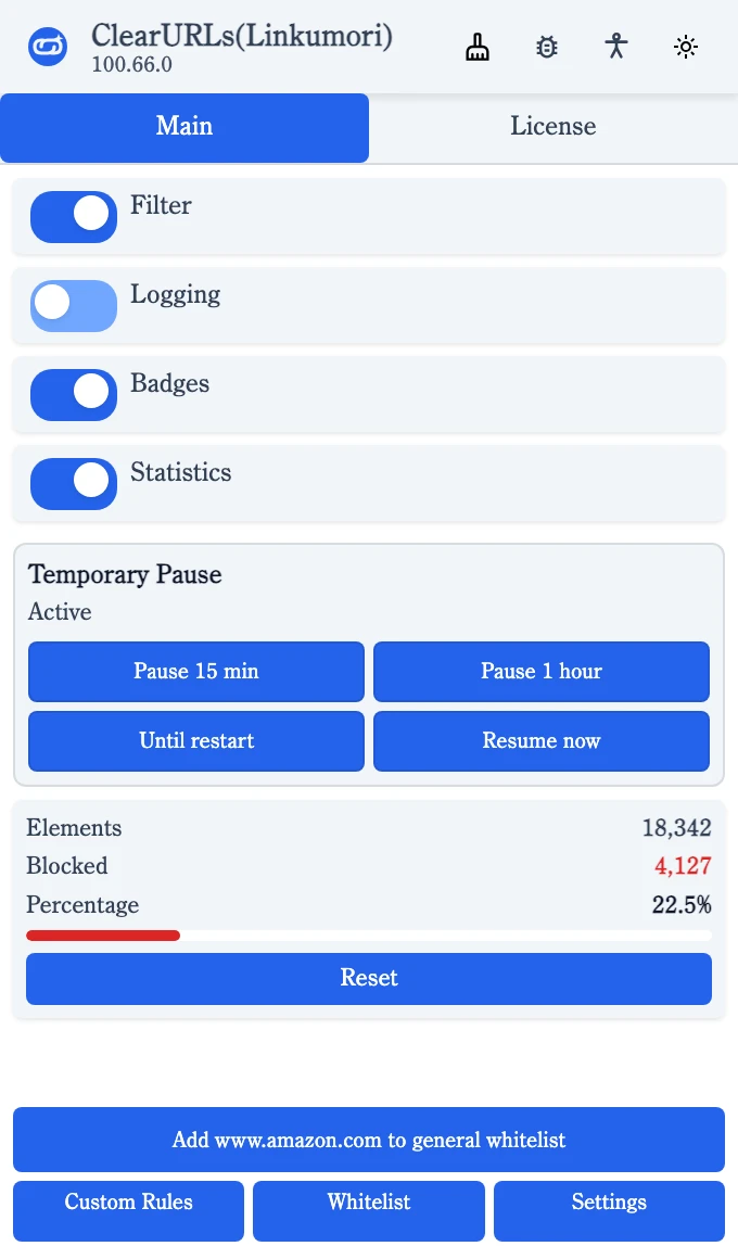 The Linkumori popup: switches for filtering, logging, badges and statistics, temporary pause buttons, cleaning counters, and a button to whitelist the current site